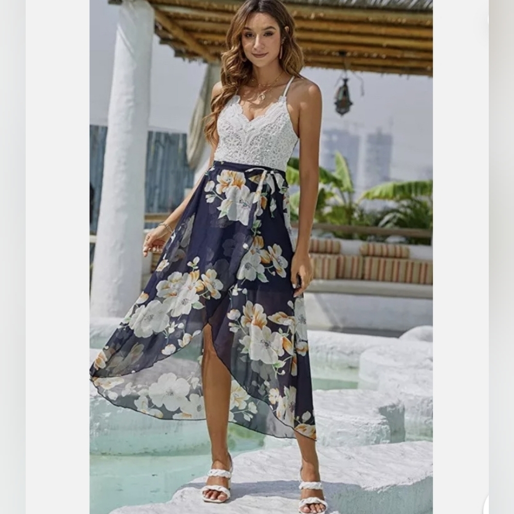 Blooming Jelly Floral Asymmetrical Midi Dress with Lace Top
